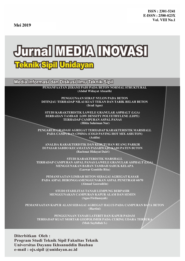 					View Vol. 8 No. 1 (2019): Jurnal Media Inovasi Teknik Sipil Unidayan
				
